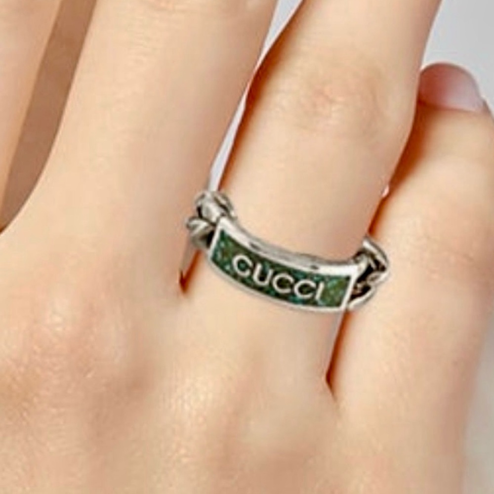 Gucci Silver and Green Ring Enamel Chain Band Ring! 7.75